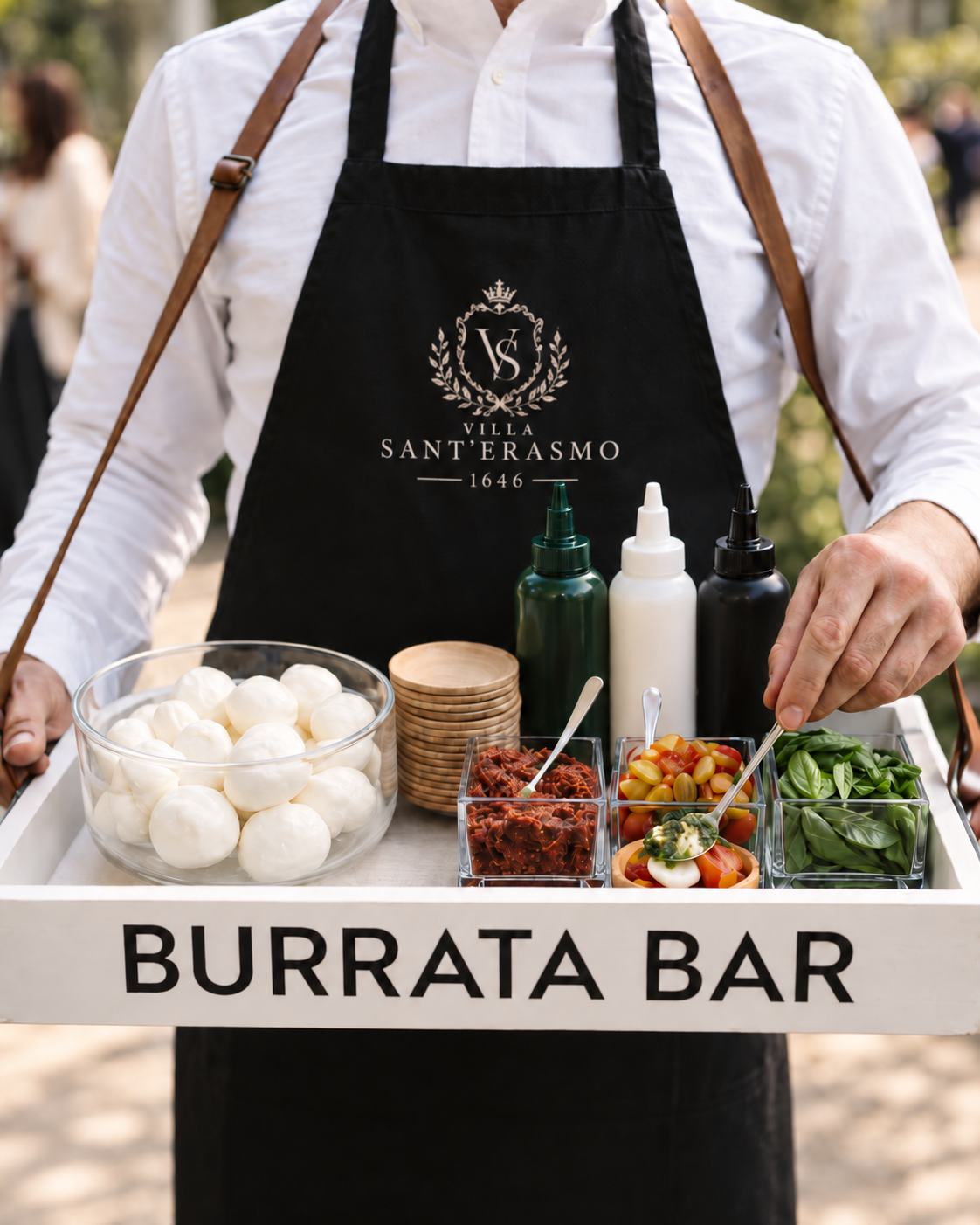 Burrata bar with mozzarella, cherry tomatoes, basil and condiments, an additional service for weddings at Villa Sant'Erasmo