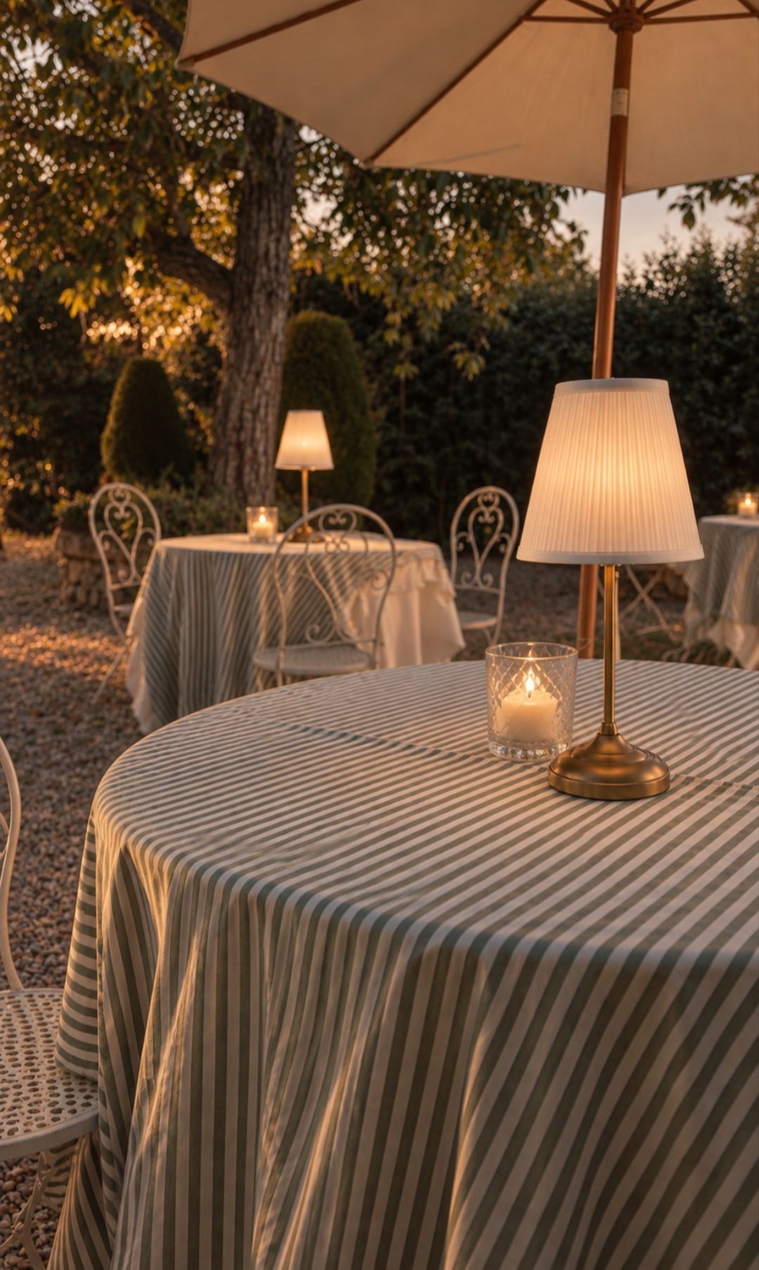 Round tables with striped tablecloths and lamps under umbrellas in the garden at sunset