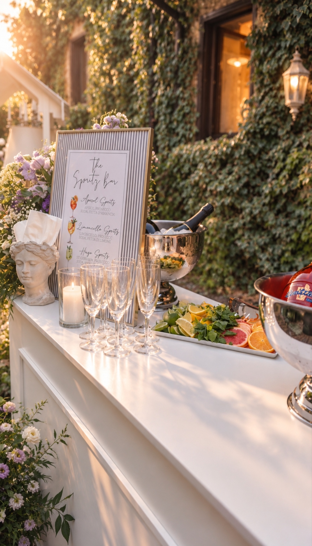 Spritz bar counter with glasses, flowers and sign at Villa Sant'Erasmo