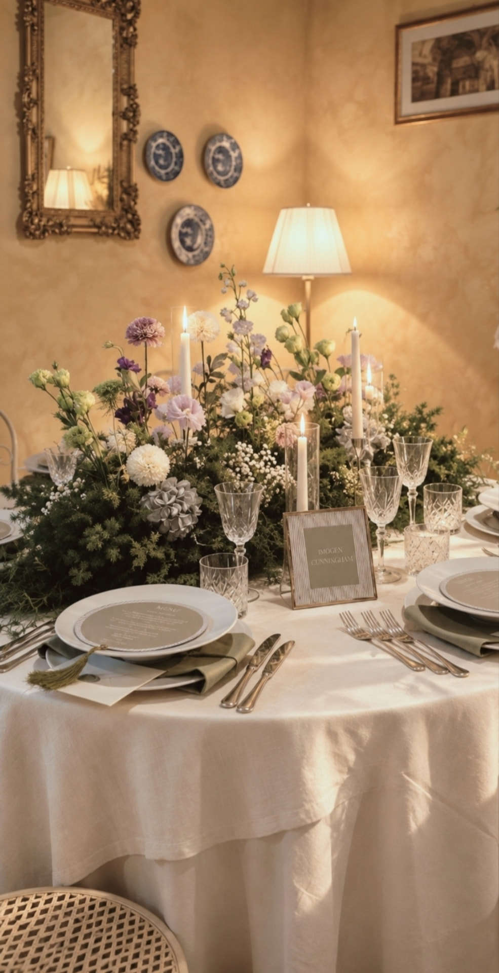 Round table set in a room of Villa Sant'Erasmo with flowers and a lamp