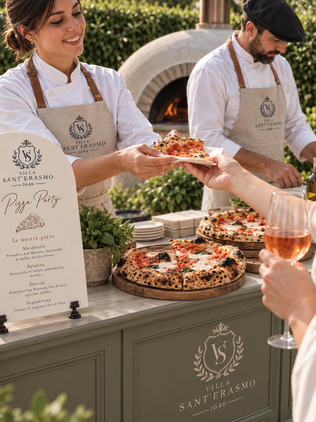 Pizza Party with a wood-fired oven in the garden of Villa Sant'Erasmo, an additional service for weddings