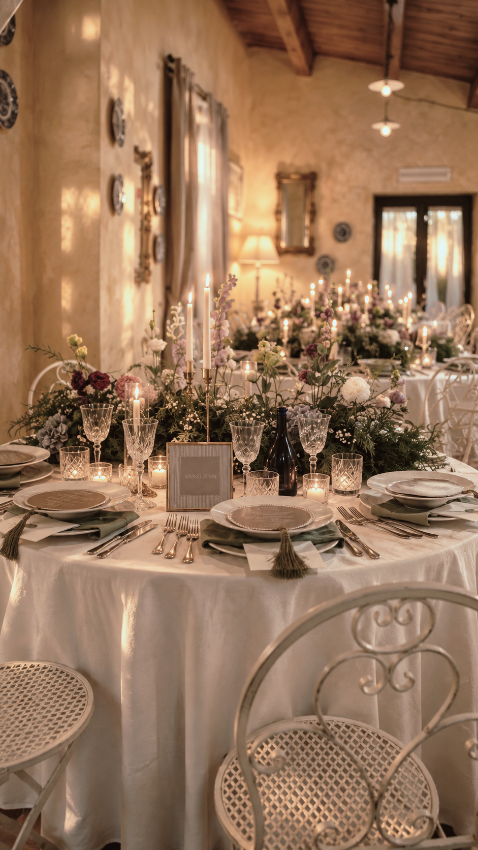 Room set up for a wedding reception at Villa Sant'Erasmo, with table, candles and flowers