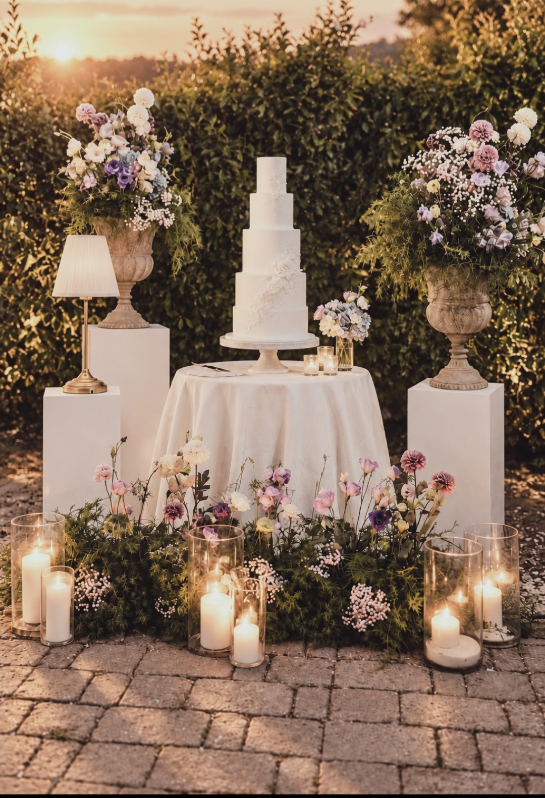 White wedding cake on a table with flowers, candles and lamps in the garden at sunset