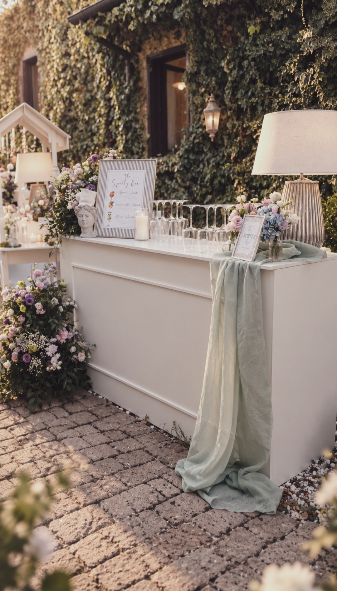 White bar set with flowers and green linen in front of the ivy-covered façade