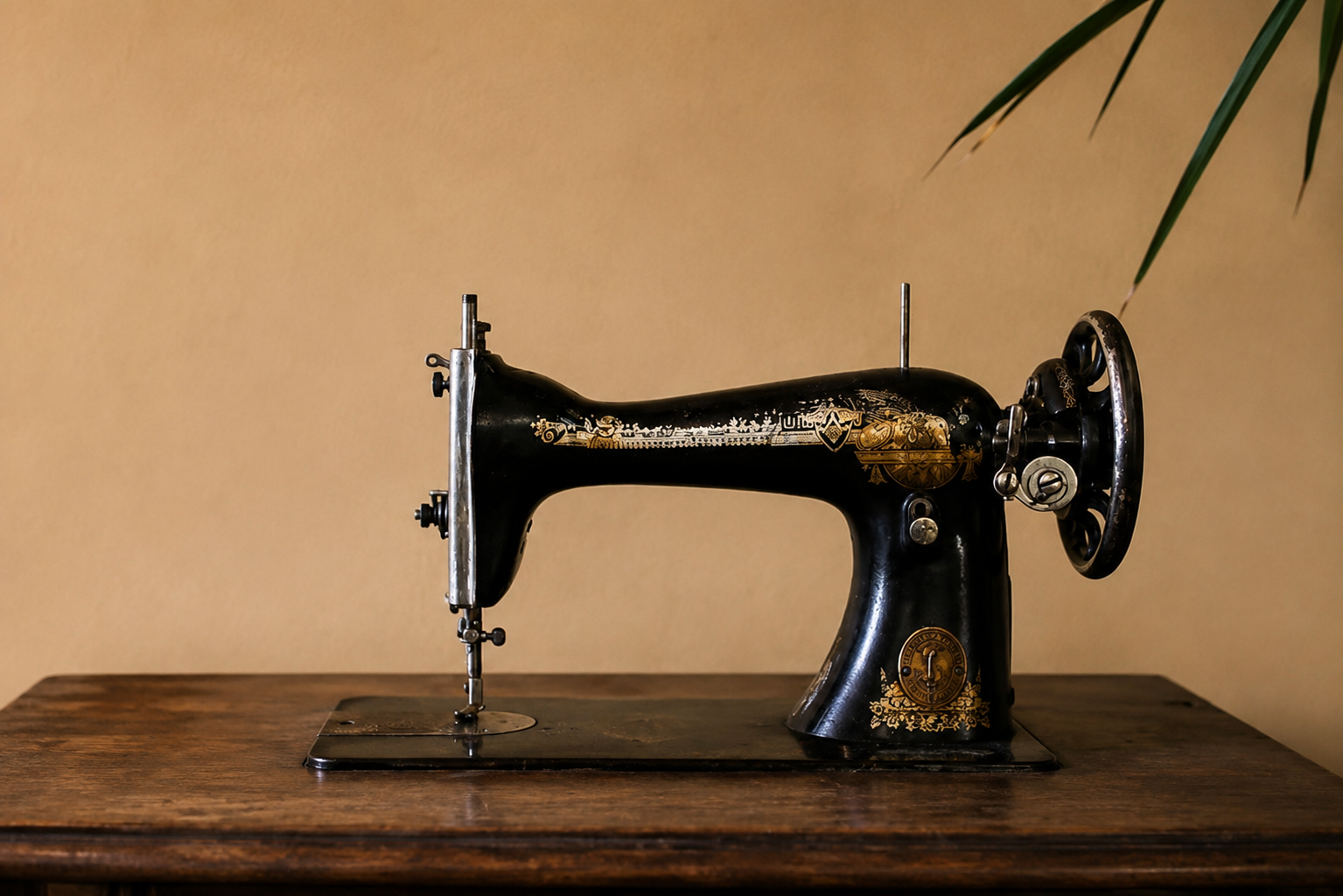 Antique black and gold sewing machine on a wooden cabinet