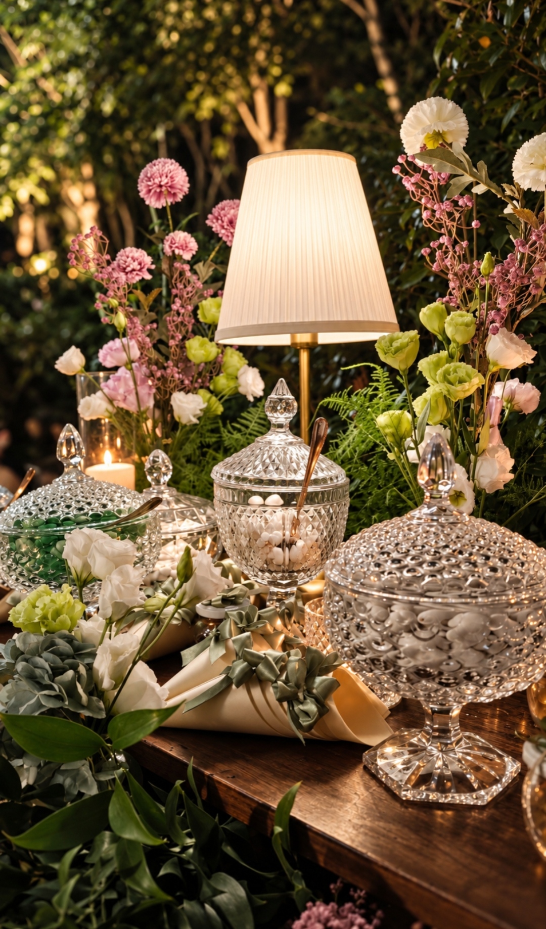 Sugared-almond table with crystal stands, confetti and flowers on a wooden table