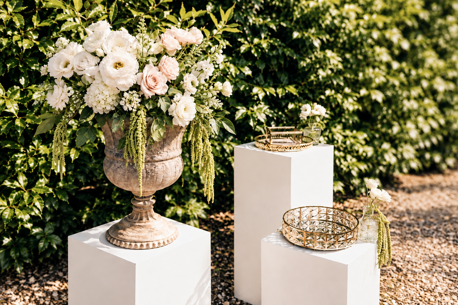 White and pink floral arrangement on pedestals in the garden of Villa Sant'Erasmo