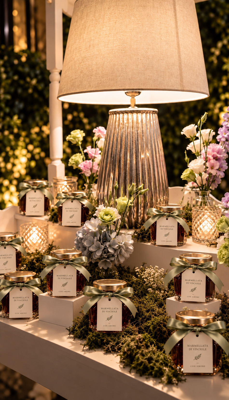 Jam favours with a lamp, green ribbons and flowers among the jars