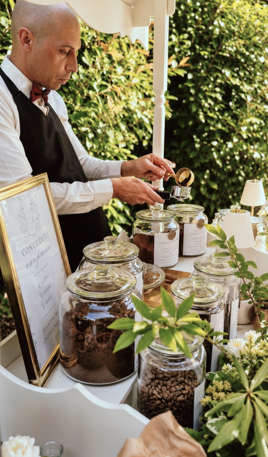 Coffee prepared on the spot amid jars of selected blends