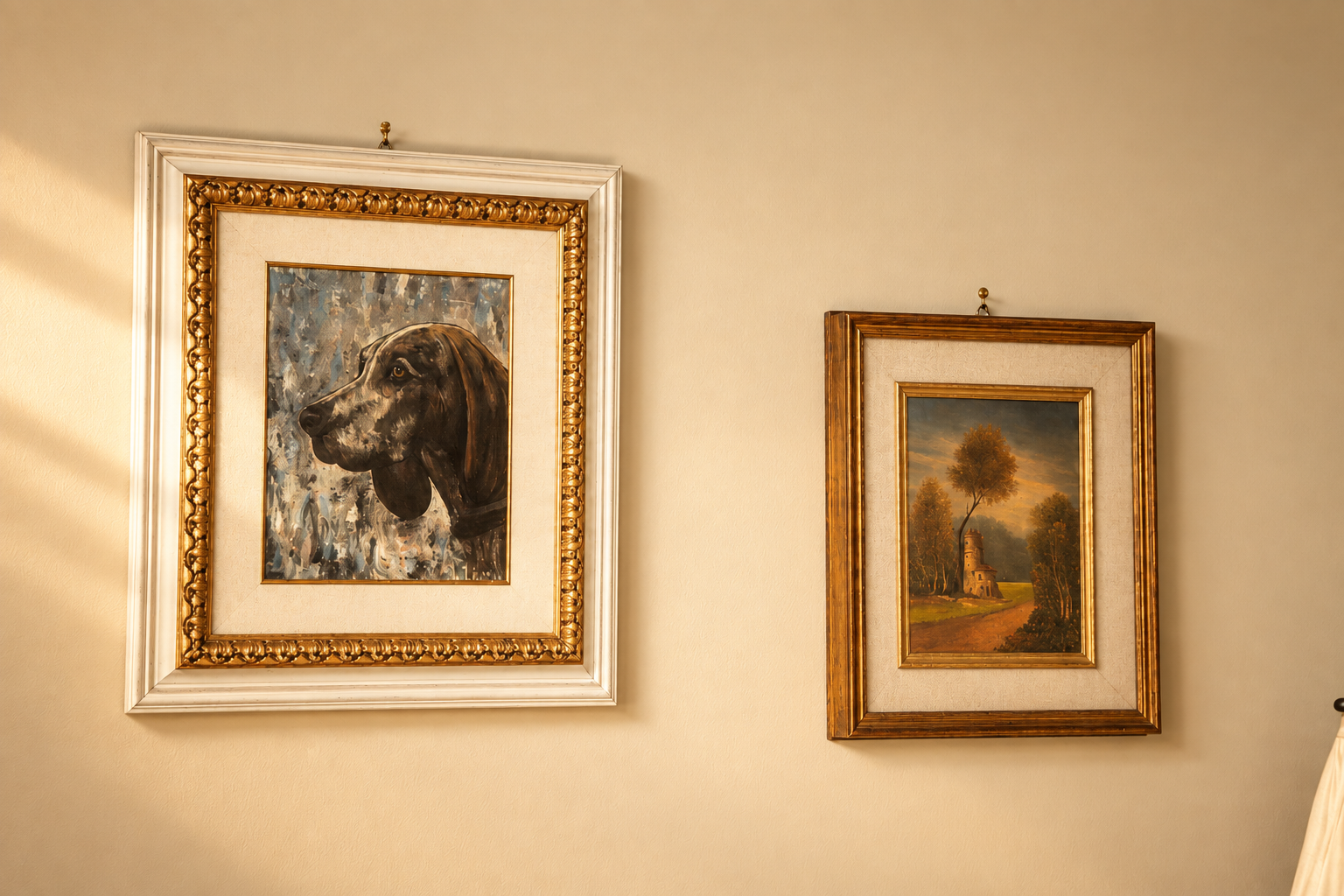 Period paintings in gilded frames inside Villa Sant'Erasmo