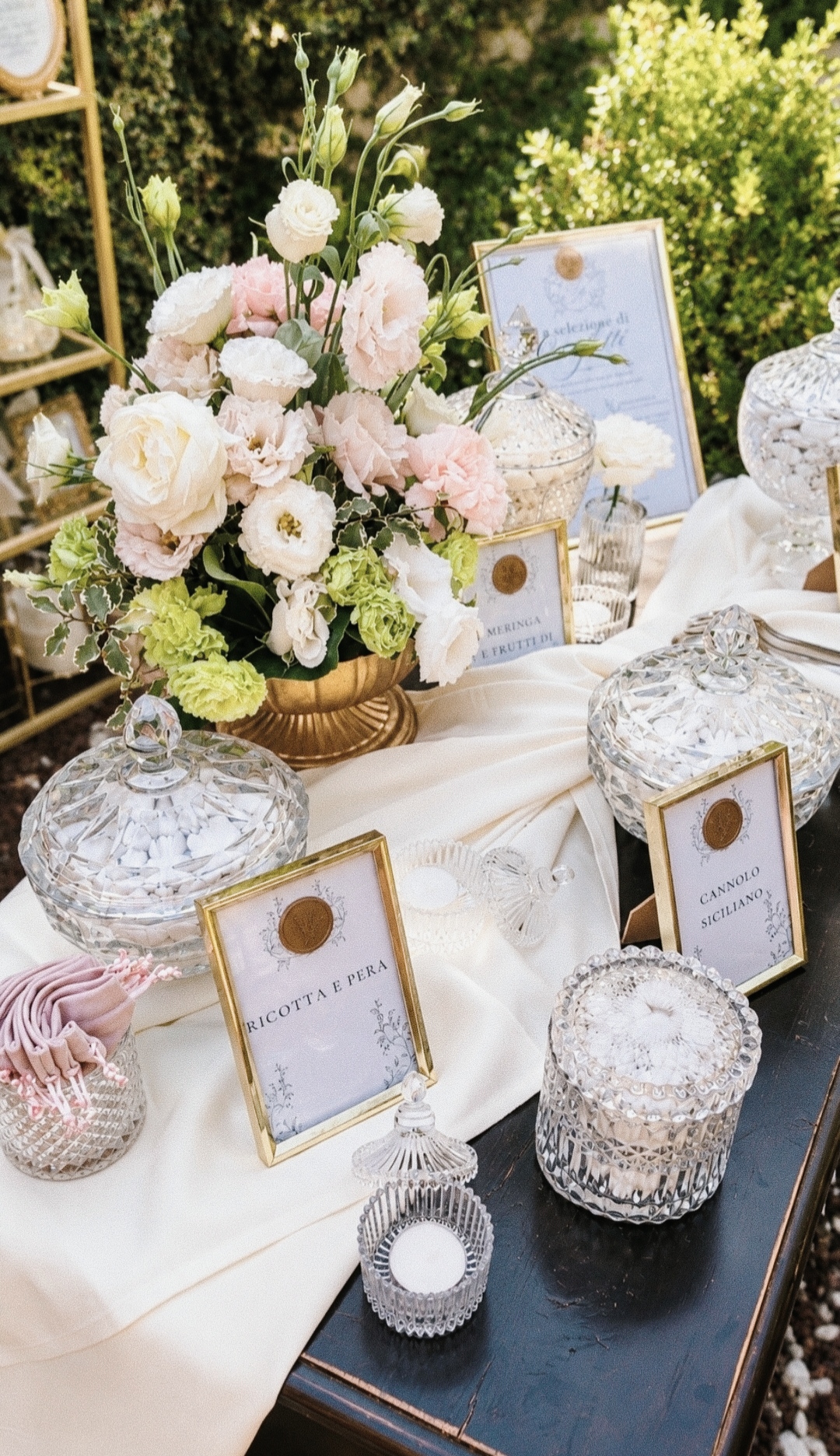 Sugared-almond bar with crystal bowls, pale flowers and gilded frames
