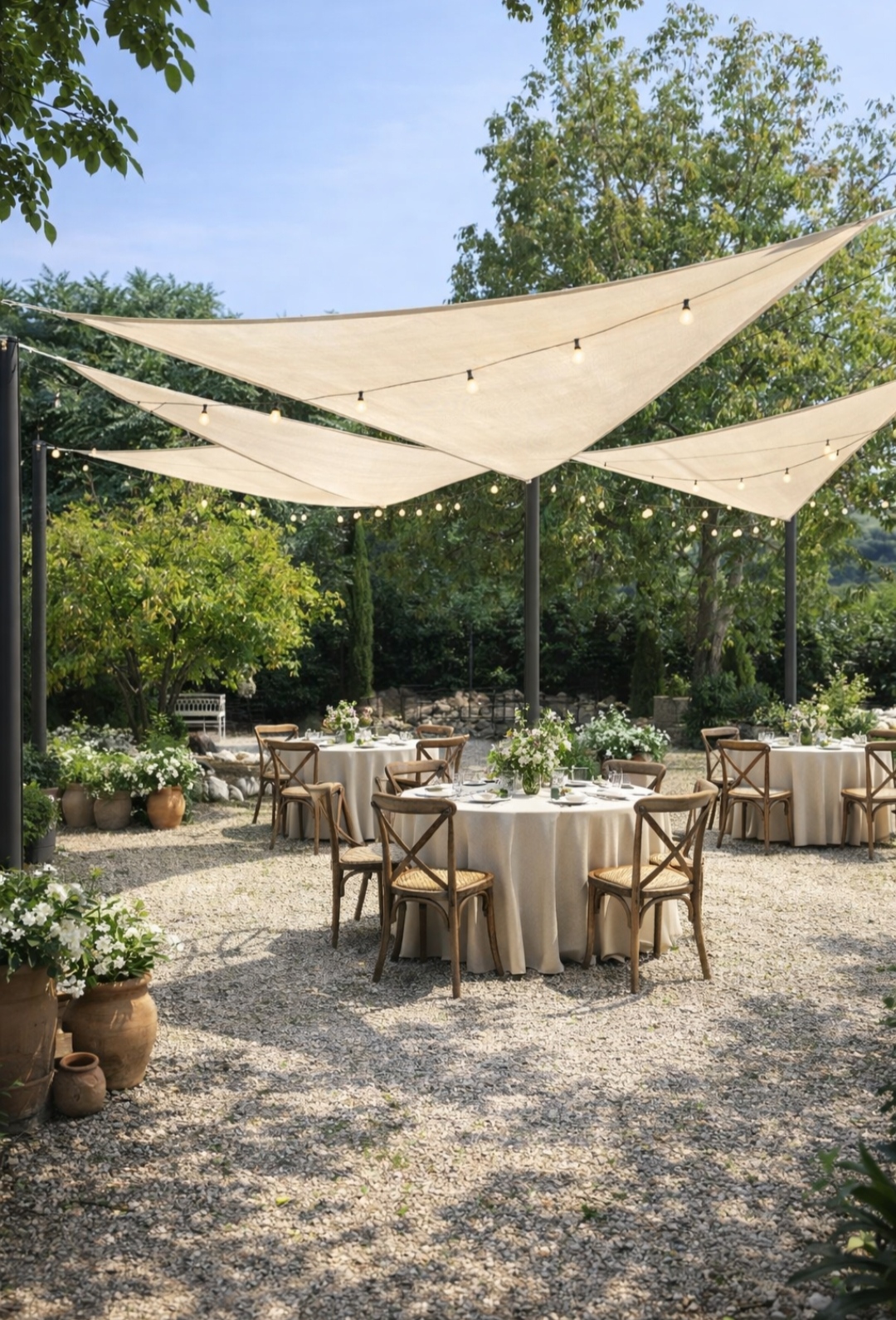 Outdoor reception in the garden of Villa Sant'Erasmo, round tables under sails and fairy lights