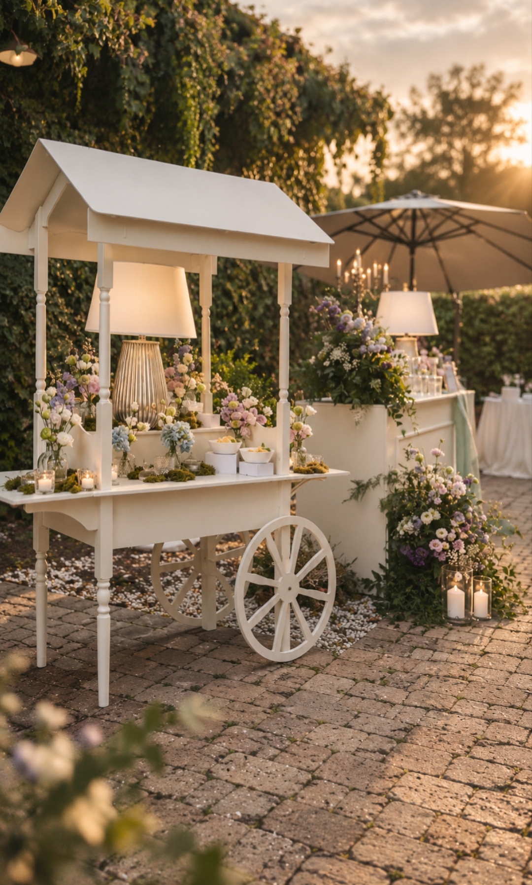 White cart set with flowers and lamps in the garden at sunset