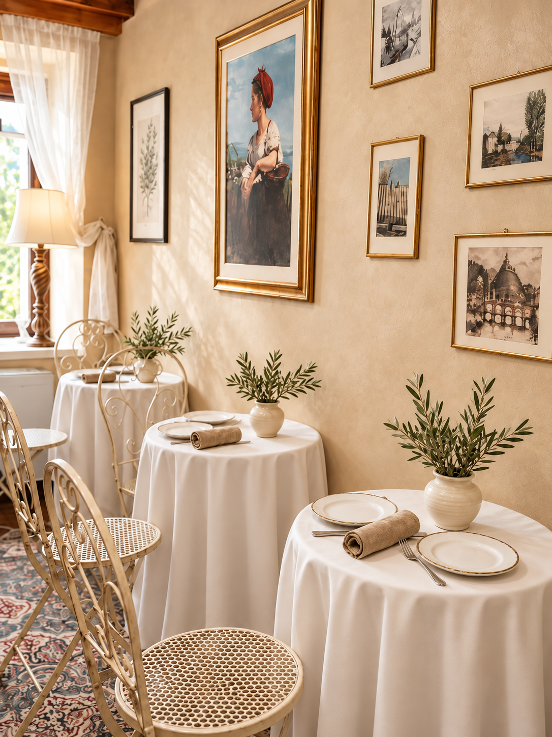 Tables laid with ivory linen and olive branches in a room at Villa Sant'Erasmo