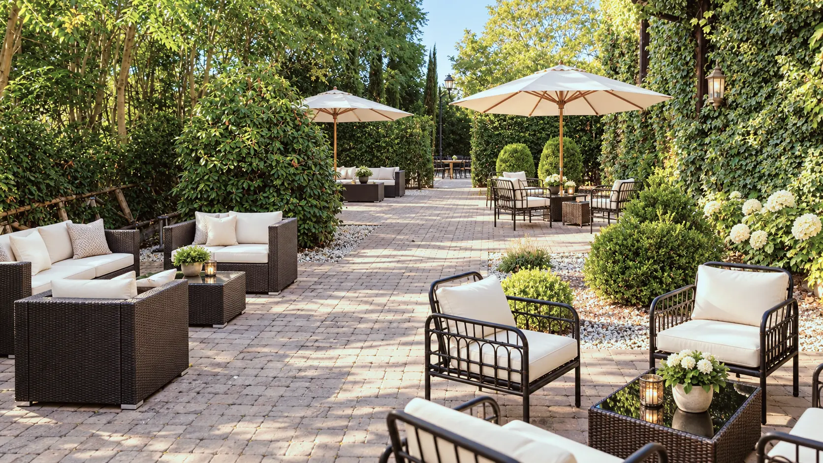 Lounge all'aperto nel giardino di Villa Sant'Erasmo, salotti in rattan, ombrelloni e fiori bianchi
