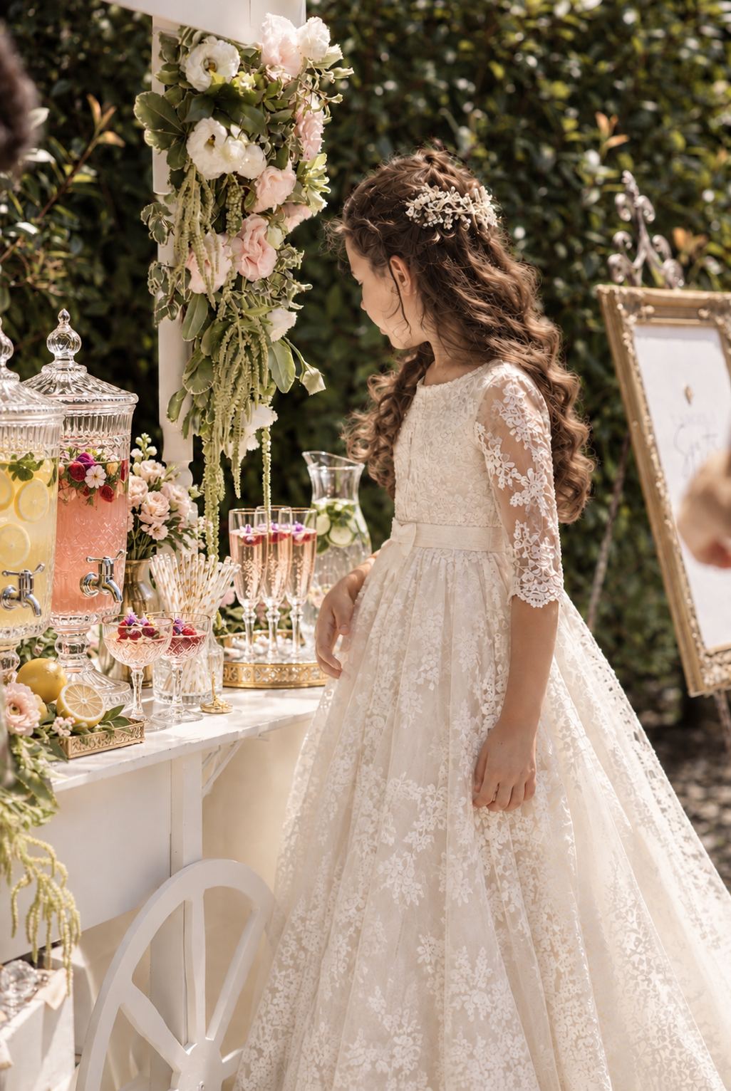 Girl in a white dress next to the drinks cart in the garden of Villa Sant'Erasmo