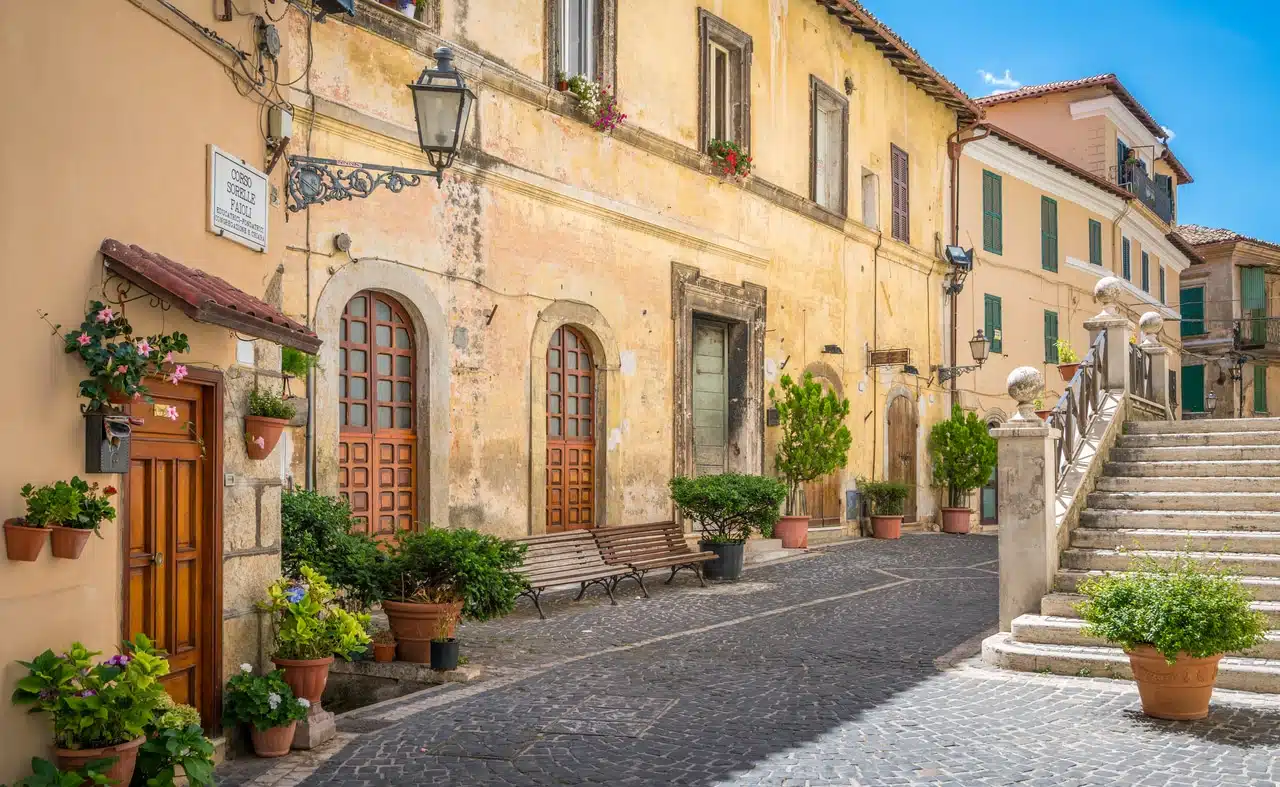 Alleyway in the historic town of Fiuggi with steps and potted plants