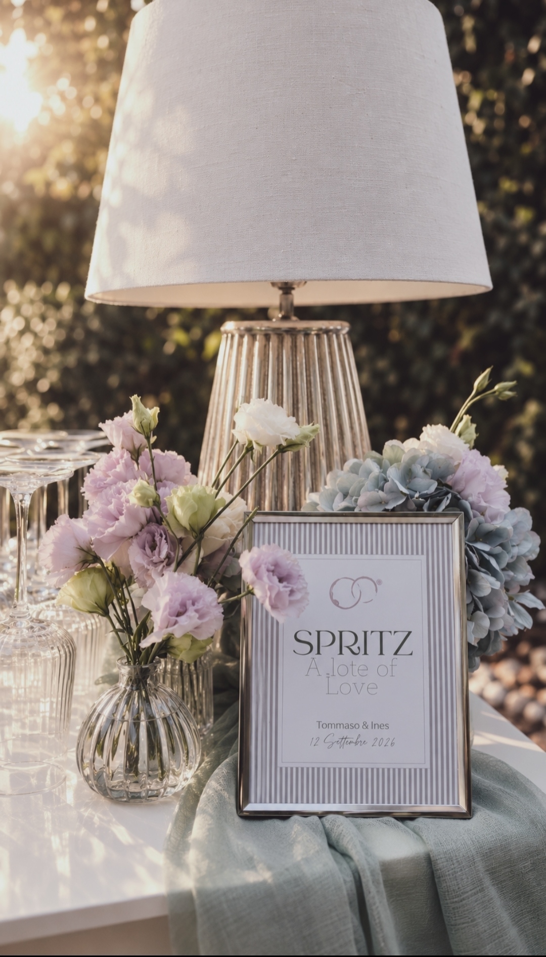 Glass lamp and Spritz sign with flowers on the aperitivo bar