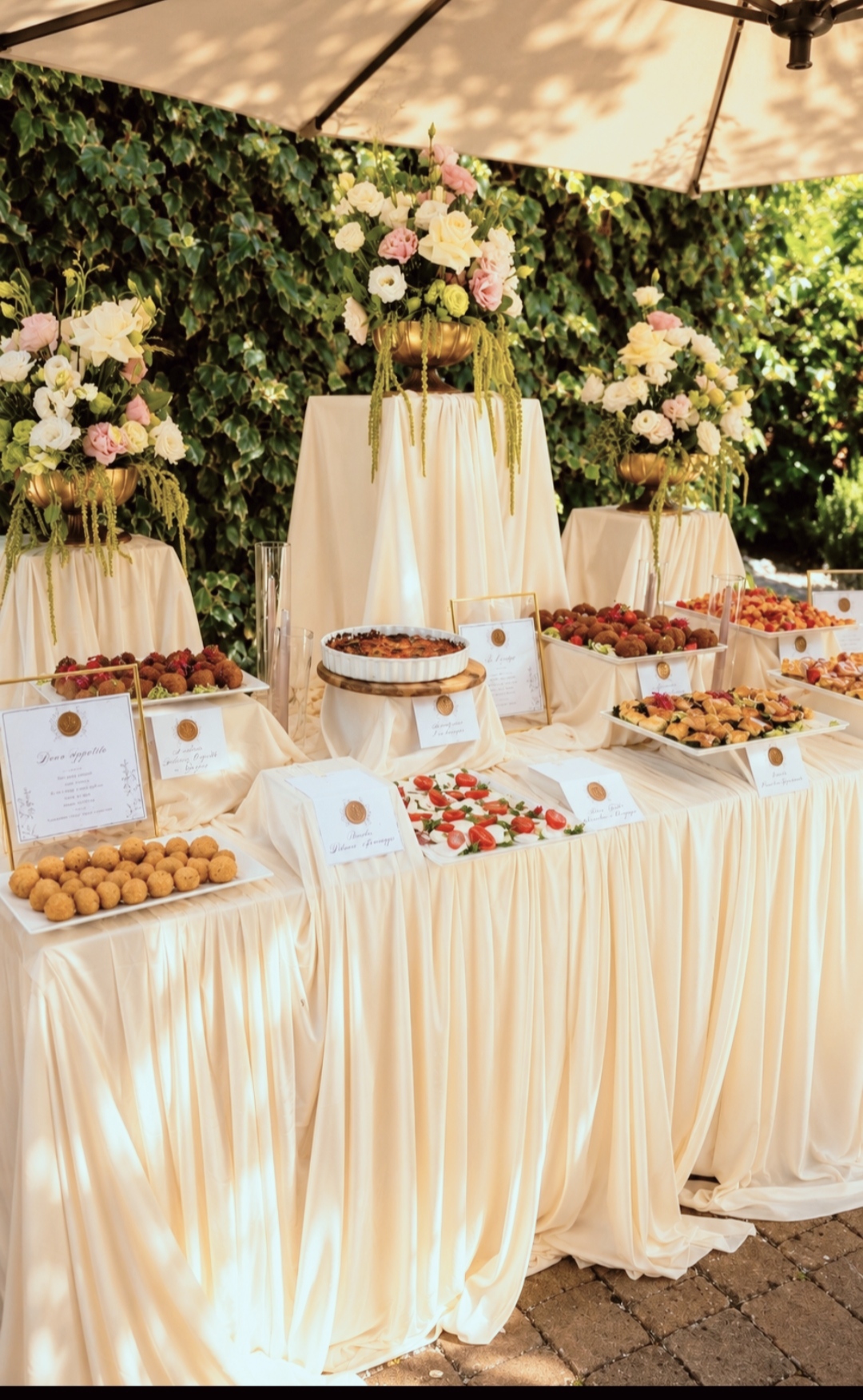 Savoury buffet set up in the garden with floral arrangements