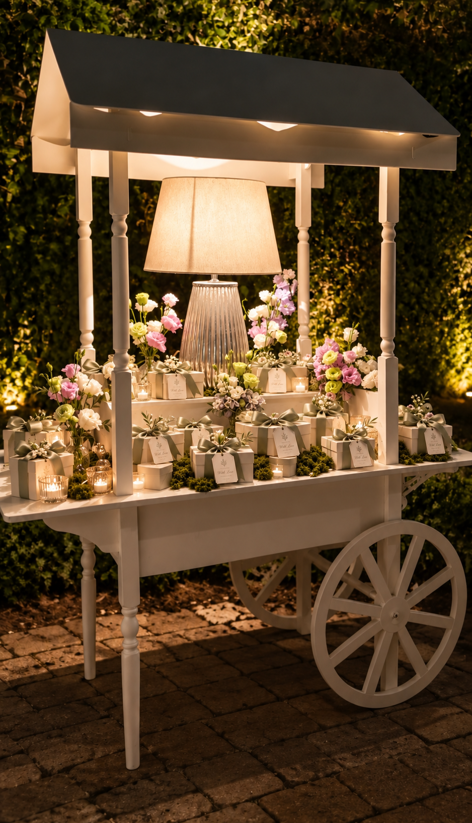 White cart with wedding favours, pastel flowers and a lit lamp in the garden of Villa Sant'Erasmo