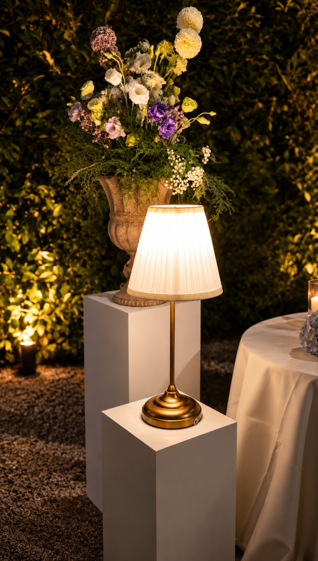 Stone vase with flowers and a lit lamp on a column in the garden
