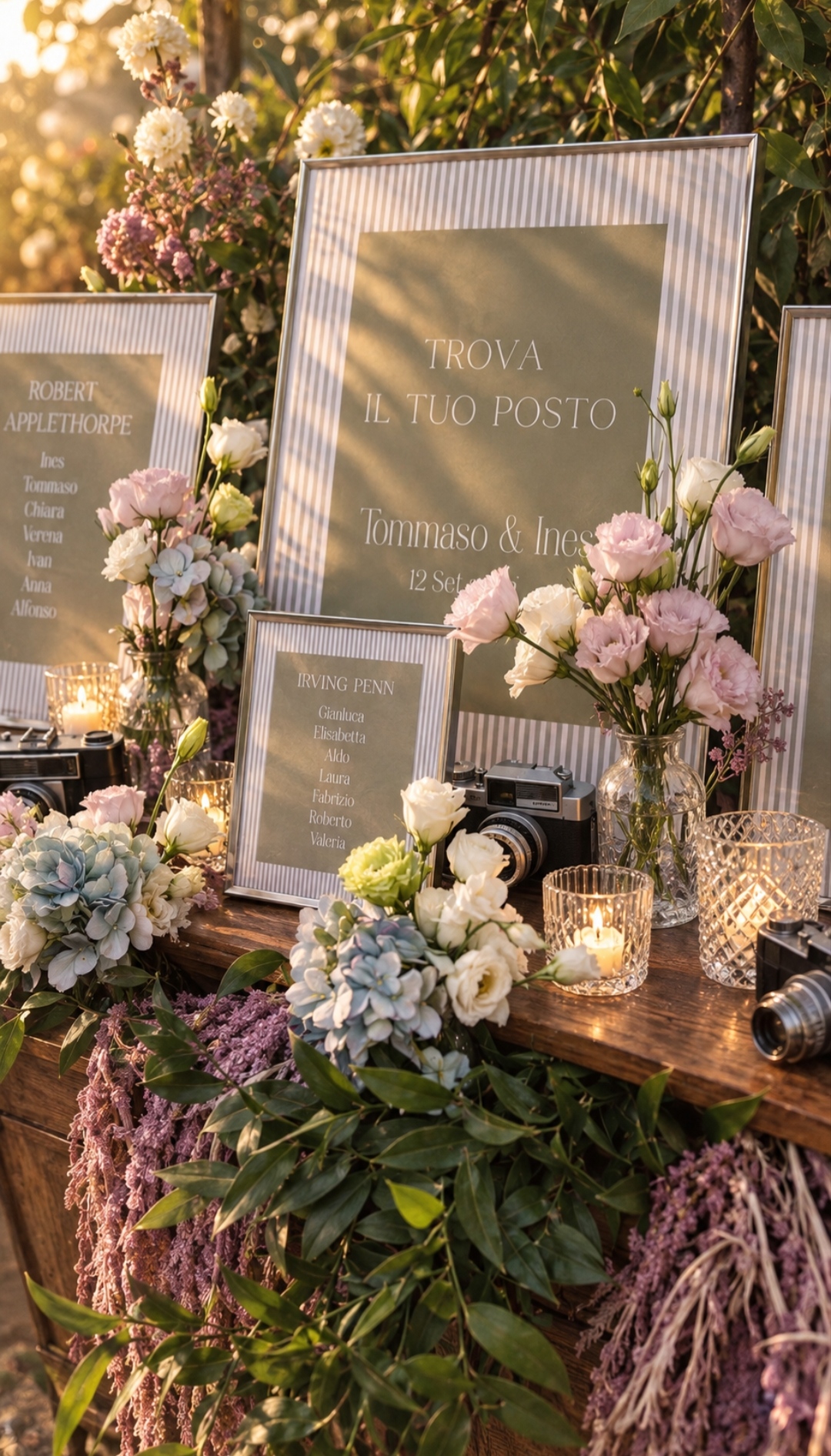 Wedding seating chart with frames, flowers and candles at the entrance of Villa Sant'Erasmo