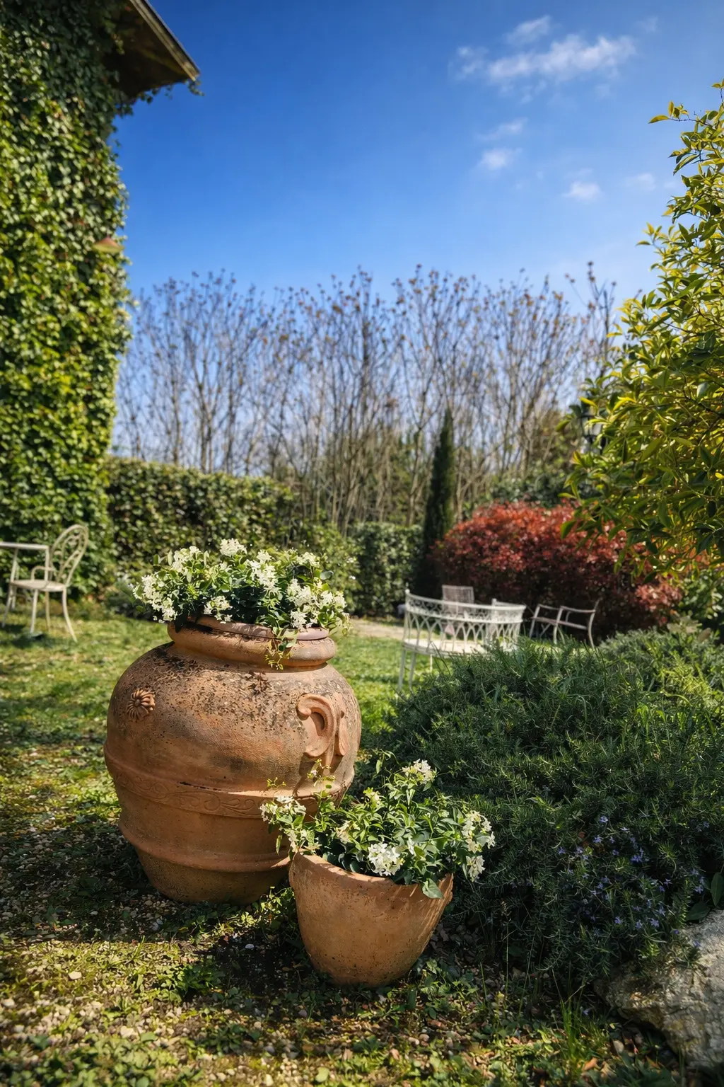 Terracotta urns filled with flowers in the garden of Villa Sant'Erasmo