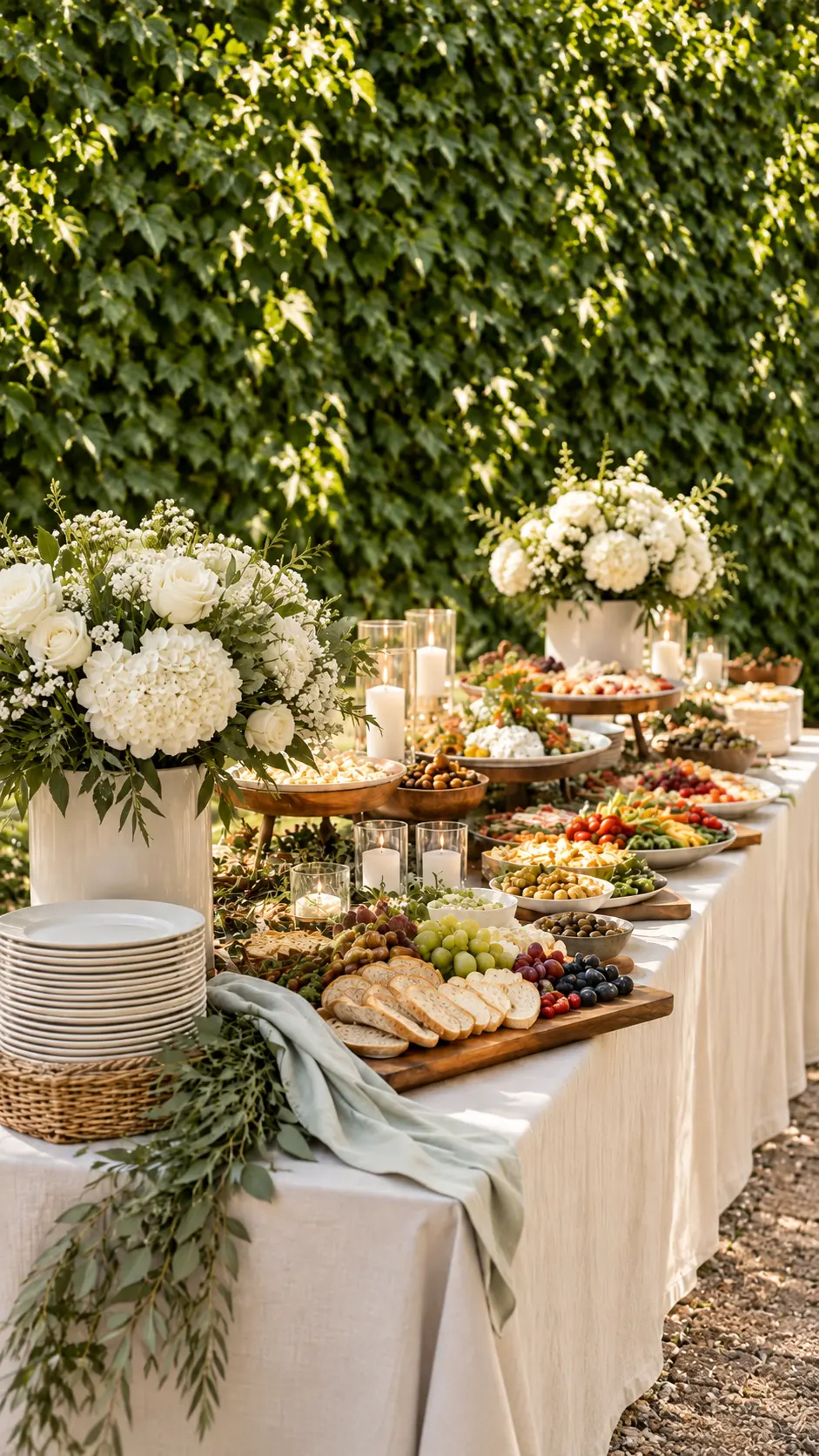 Buffet table in the garden of Villa Sant'Erasmo with bread, grapes, cheeses, olives and white flowers