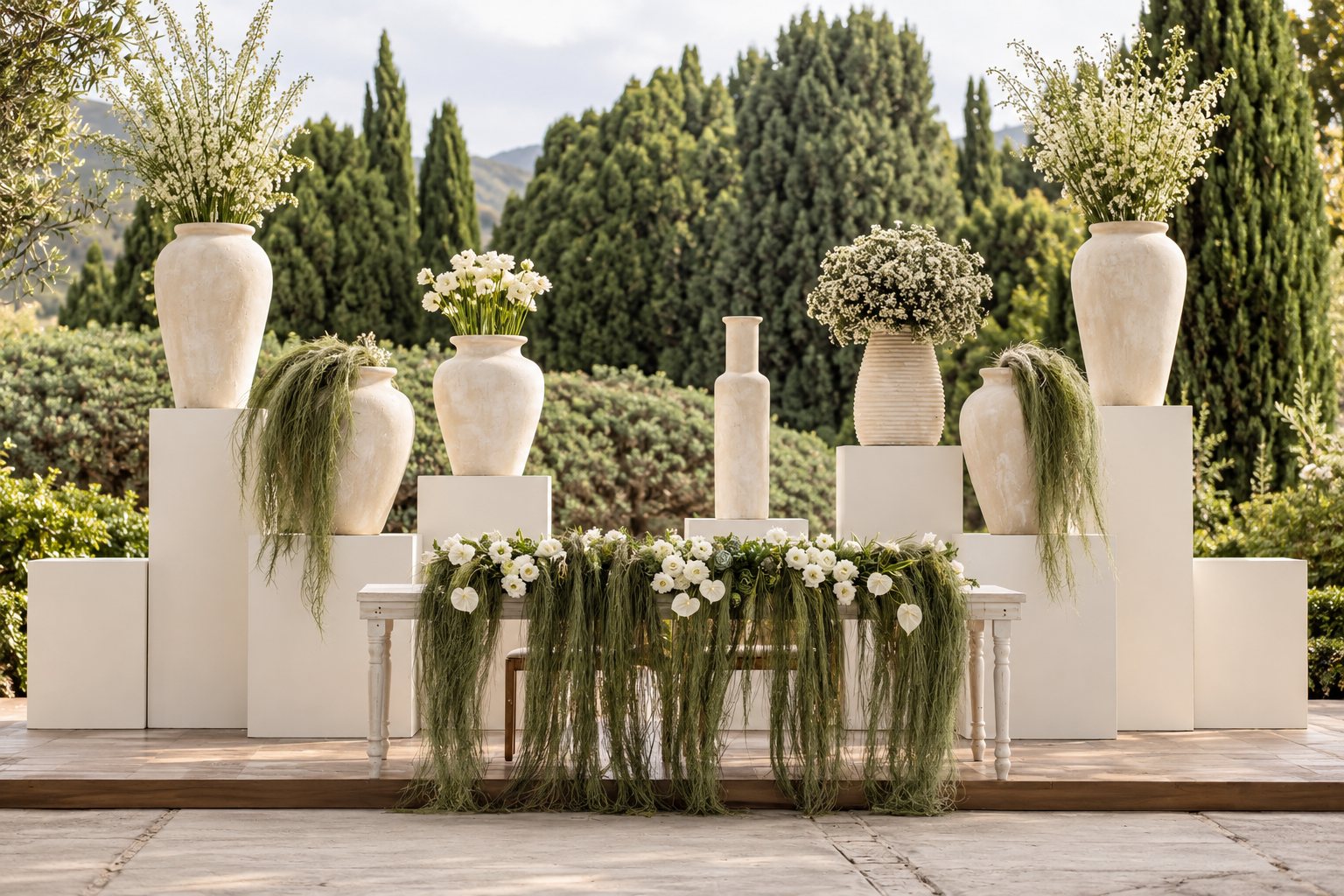 Tavolo da buffet con tovaglia candida, candelabri d'argento, fiori bianchi e lilla, frutta e dolci, allestito nel giardino di Villa Sant'Erasmo