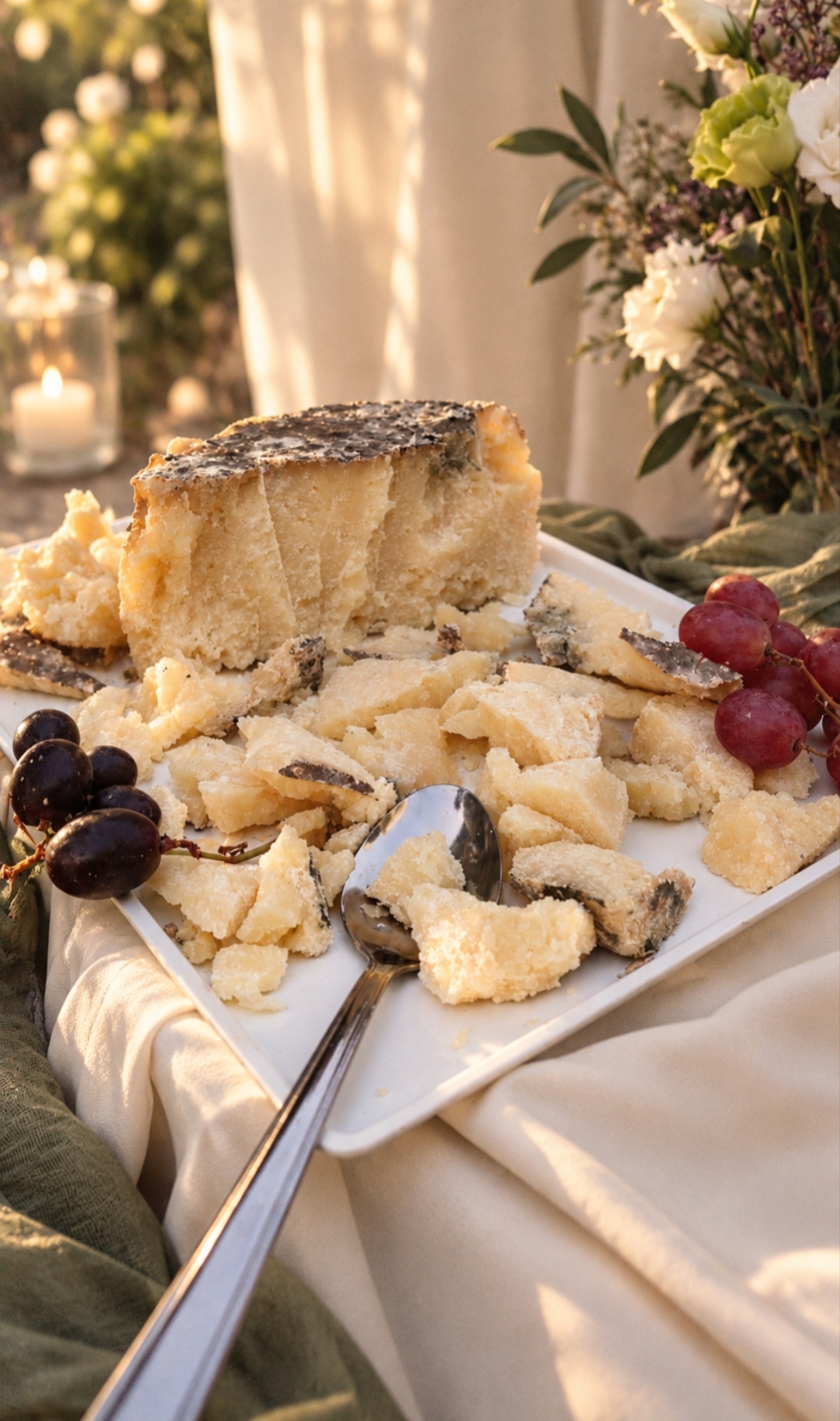 Wheel of parmesan and shavings served on the cheese buffet