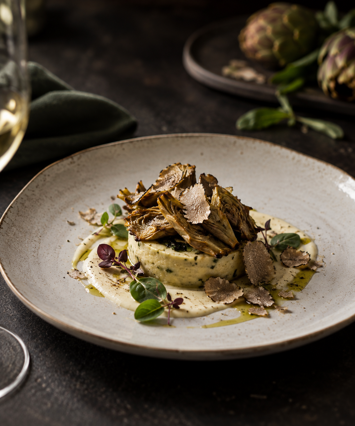 Dish of artichokes and truffle: a seasonal preparation from the restaurant of Villa Sant'Erasmo, born from the produce of the family farm