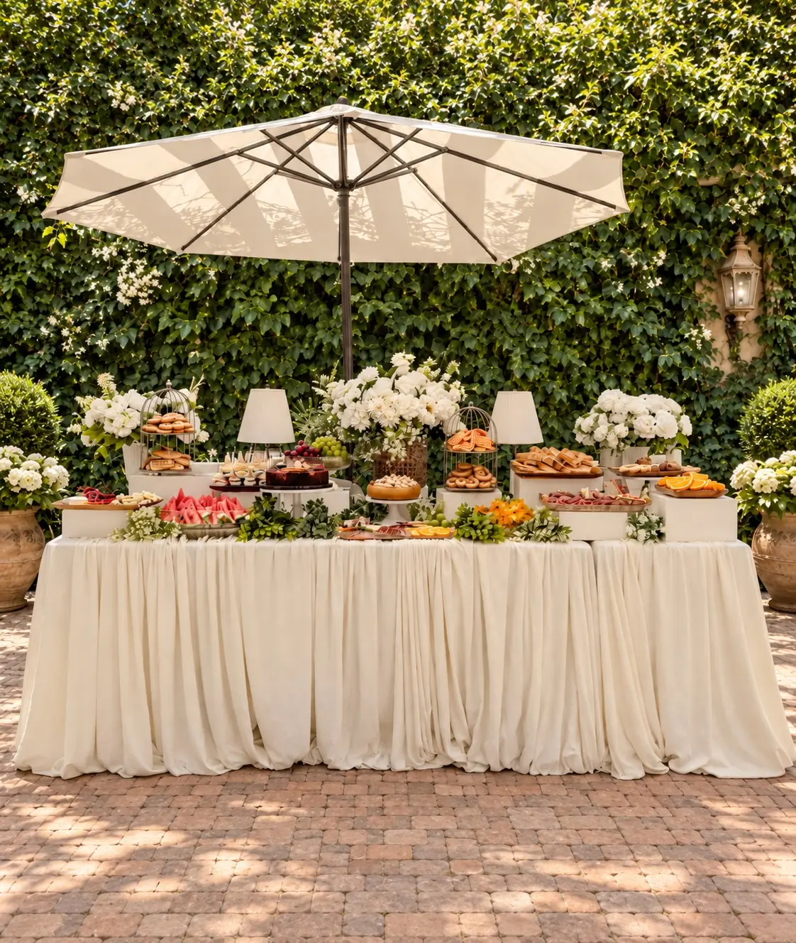Starters table in the garden of Villa Sant'Erasmo with bread, olives, grapes and white flowers