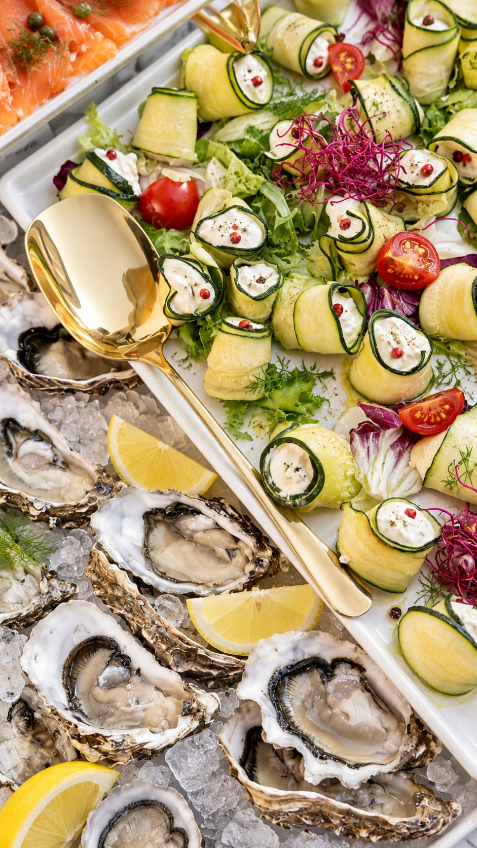 Oysters, crudités and zucchini rolls served on ice during a reception at Villa Sant'Erasmo