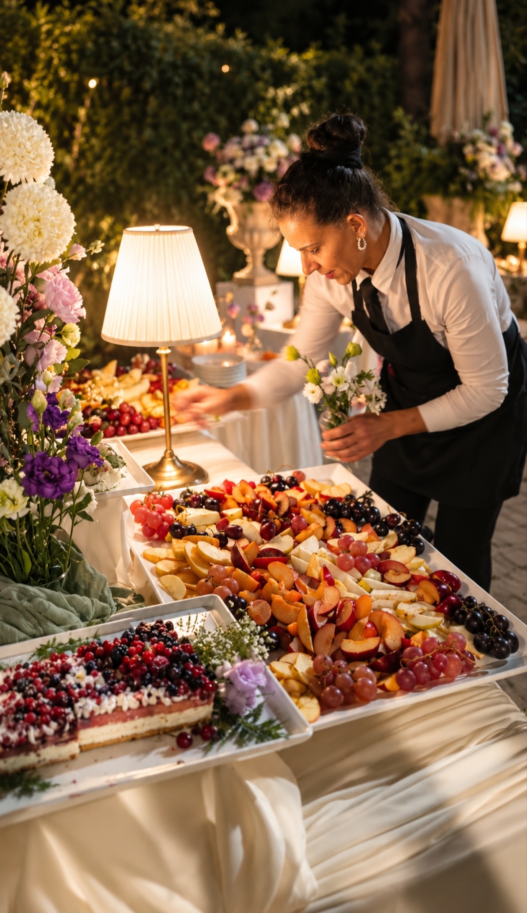 Waitress arranging the fresh fruit and dessert buffet during a reception at Villa Sant'Erasmo