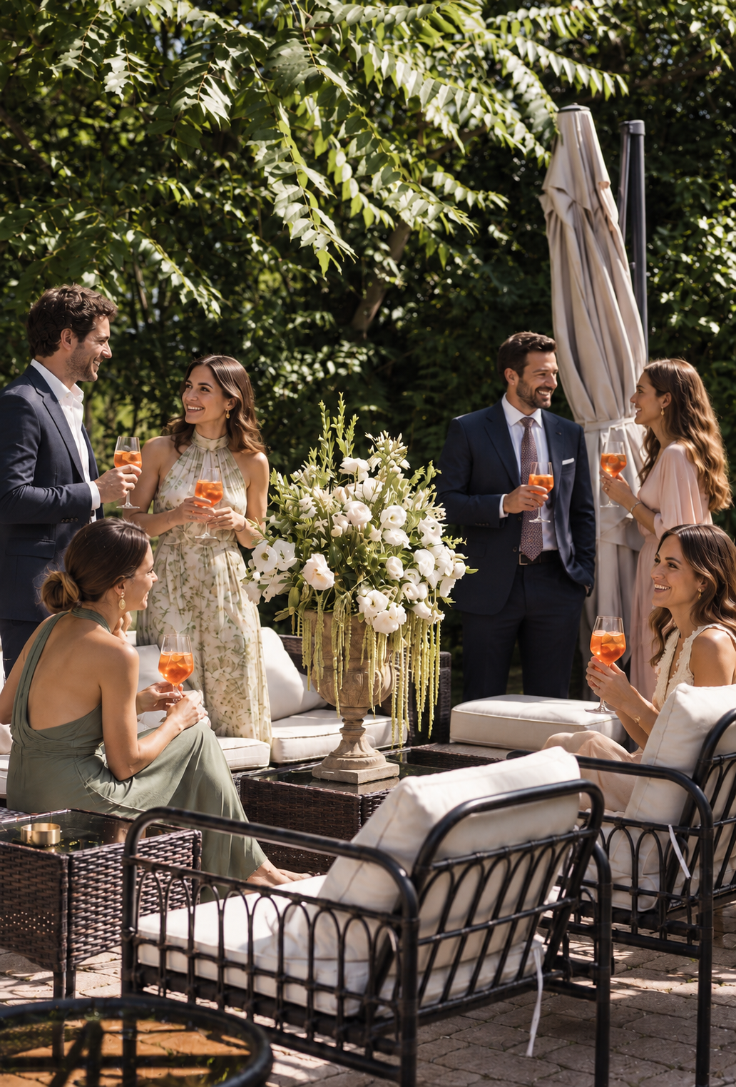 Guests raise a toast in the outdoor lounge of Villa Sant'Erasmo