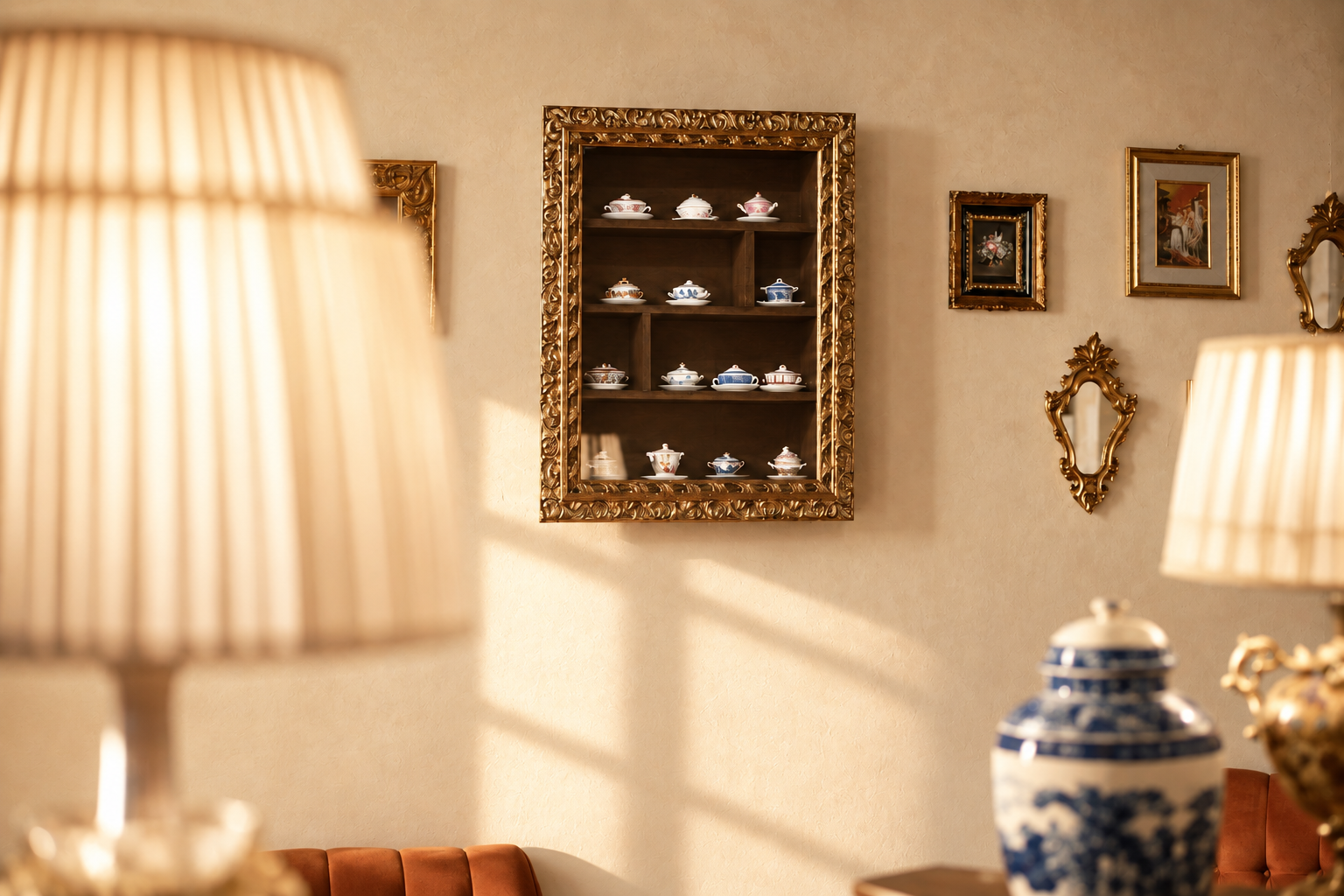 Collection of framed porcelain cups and gilded mirrors lit by the sun