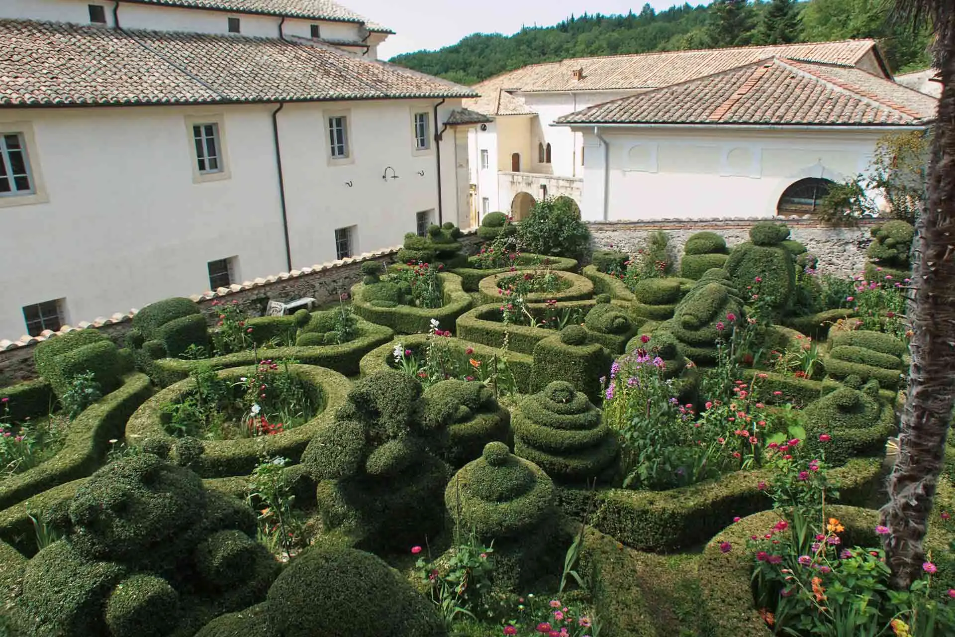 The herb garden of the Certosa di Trisulti with topiary hedges among the monastery buildings