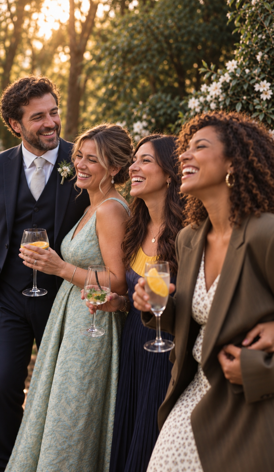 Guests laughing and toasting with glasses in the garden of Villa Sant'Erasmo