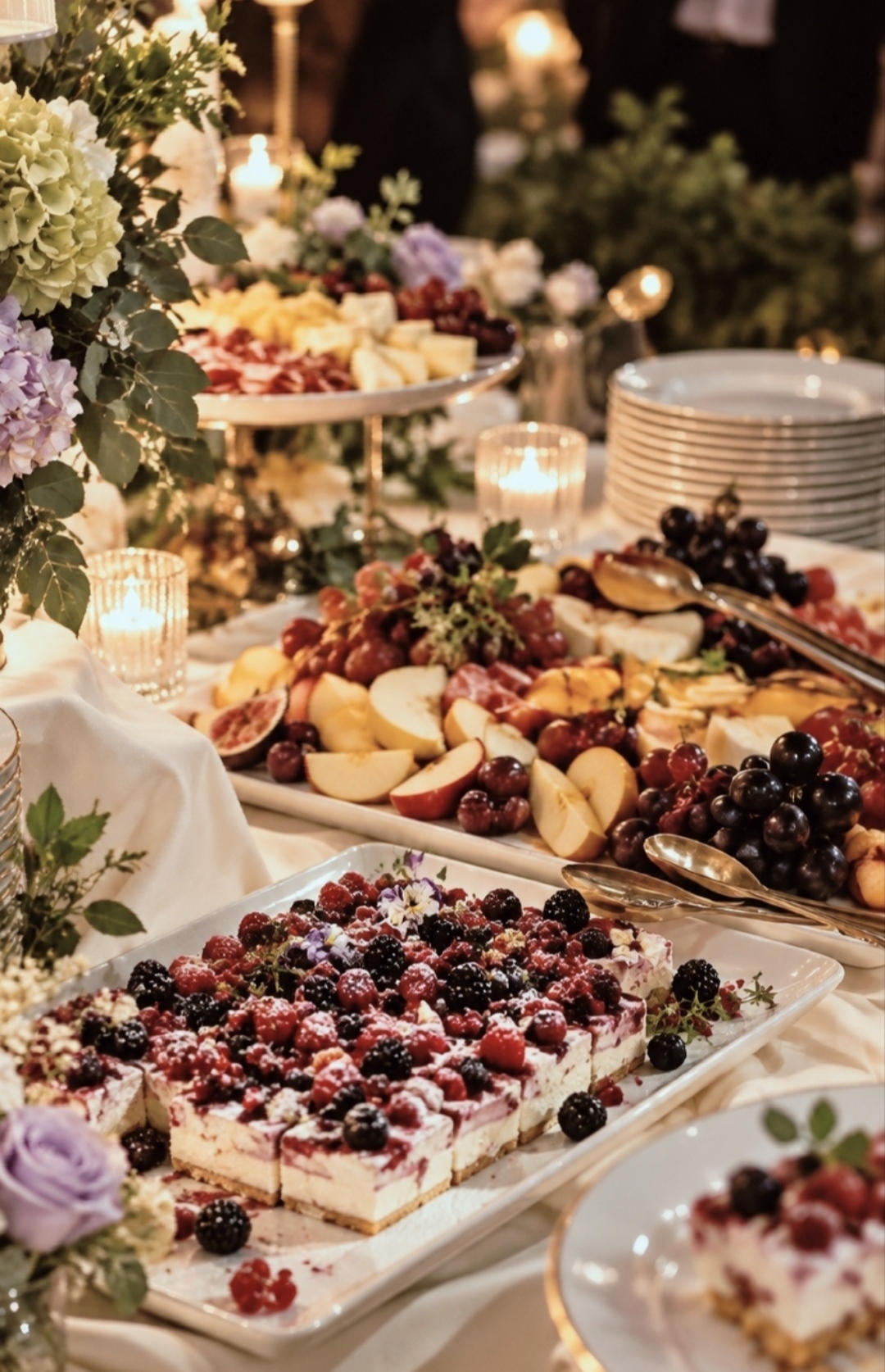 Trays of fruit, berry tarts and desserts at the reception buffet