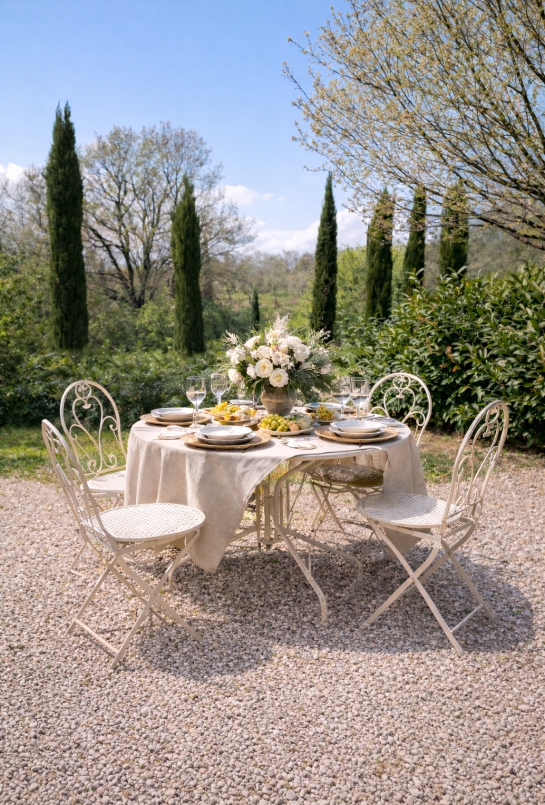 Table set in the garden among the cypress trees of Villa Sant'Erasmo