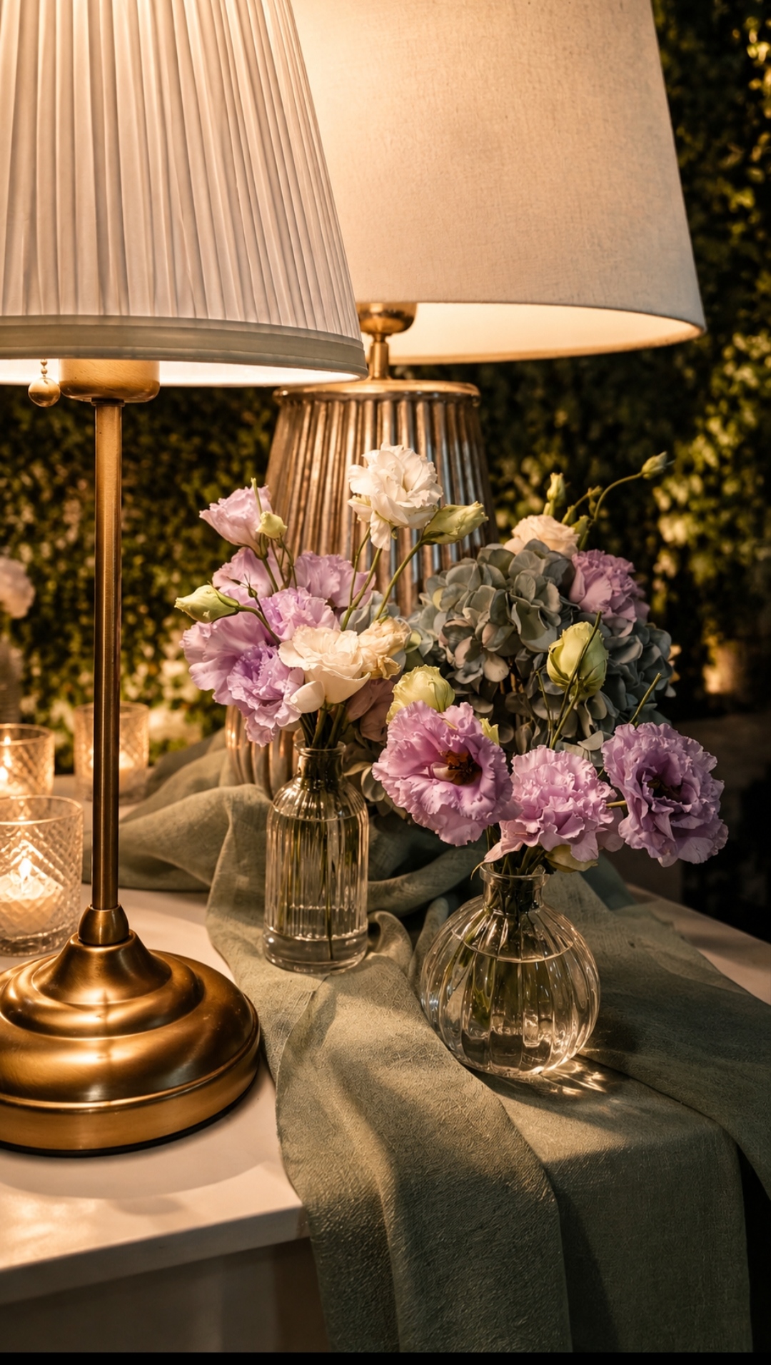 Brass lamp and vases of lisianthus on a table with a green linen runner
