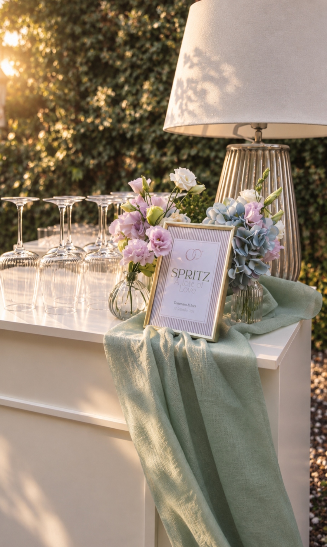White bar with green linen runner, glasses and flowers in the garden of the Villa