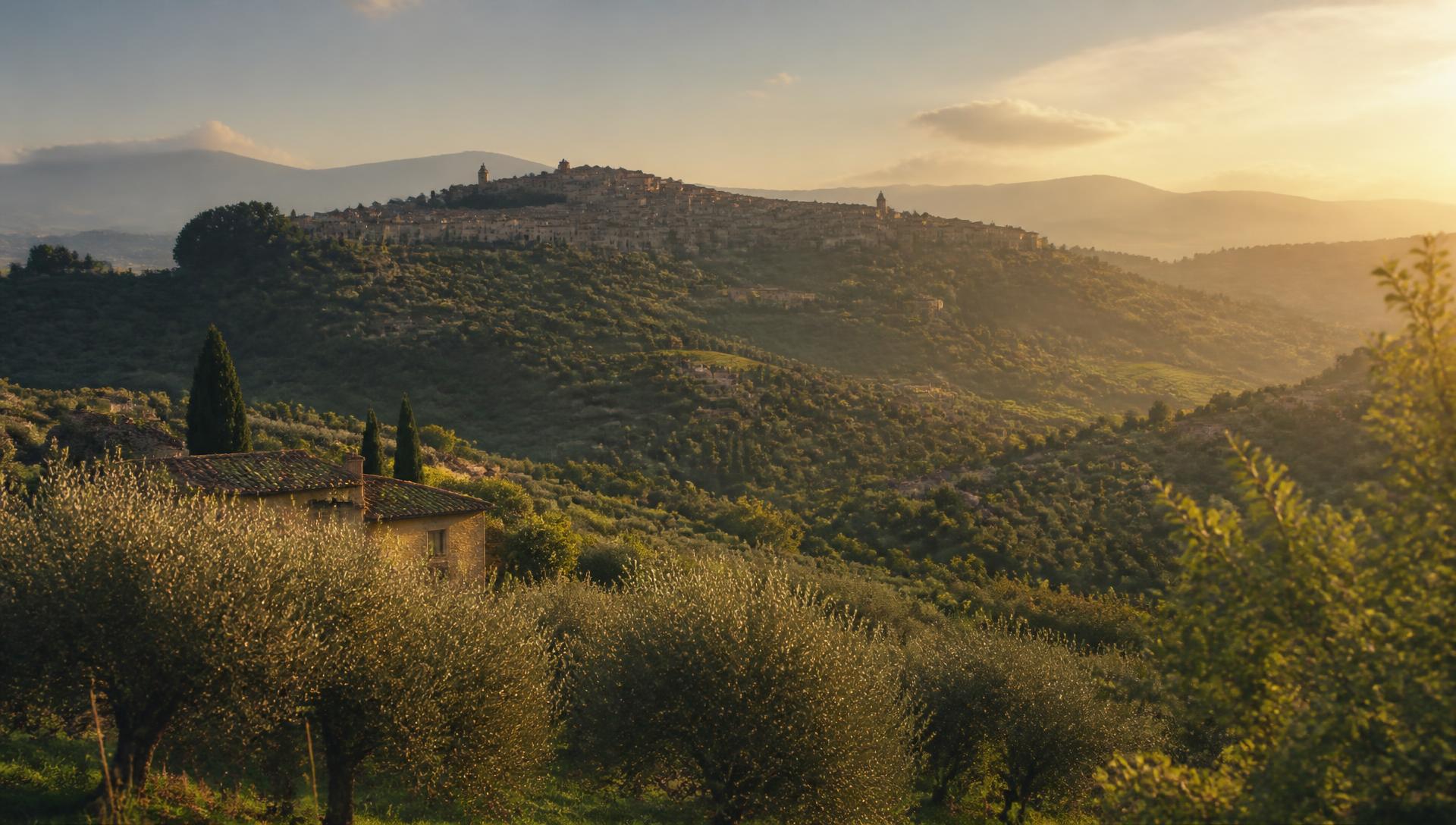 The Ciociaria's rolling countryside at sunset, with a hilltop historic village in the distance
