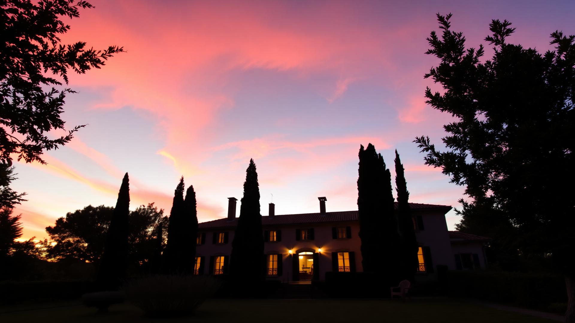 Villa Sant'Erasmo al tramonto con i cipressi in controluce